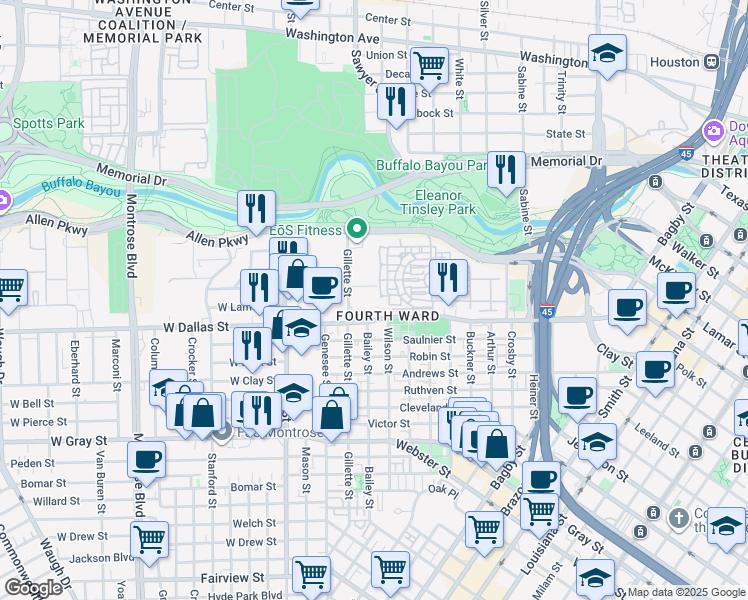 map of restaurants, bars, coffee shops, grocery stores, and more near 904 Bailey Street in Houston