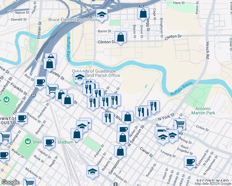 map of restaurants, bars, coffee shops, grocery stores, and more near 608h Middle Street in Houston