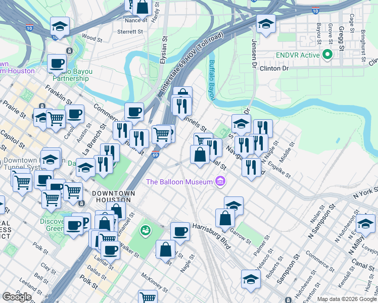 map of restaurants, bars, coffee shops, grocery stores, and more near 1704 Canal Street in Houston