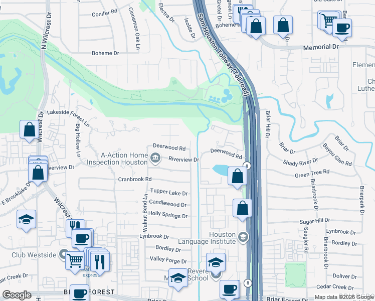 map of restaurants, bars, coffee shops, grocery stores, and more near 10605 Deerwood Road in Houston