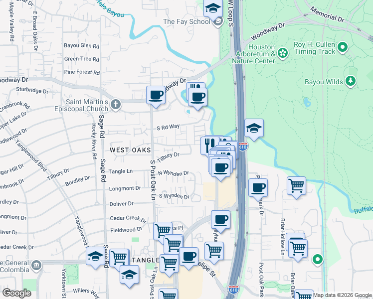 map of restaurants, bars, coffee shops, grocery stores, and more near 4906 Tilbury Drive in Houston