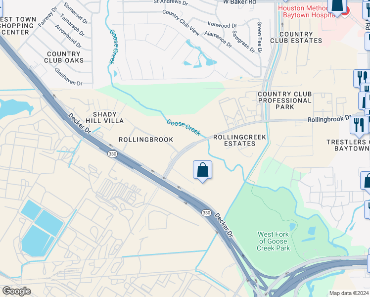 map of restaurants, bars, coffee shops, grocery stores, and more near 3301 Rollingbrook Drive in Baytown