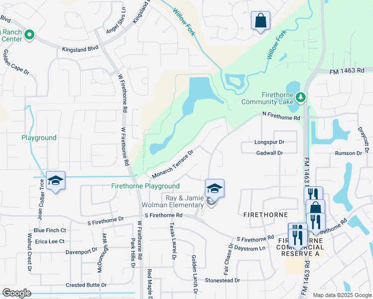 map of restaurants, bars, coffee shops, grocery stores, and more near 2318 Monarch Terrace Drive in Katy