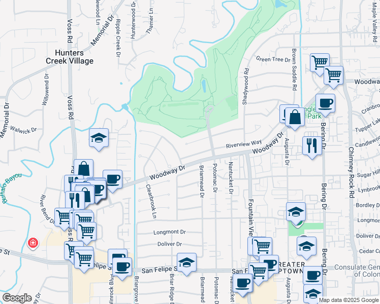 map of restaurants, bars, coffee shops, grocery stores, and more near 6134 Riverview Way in Houston