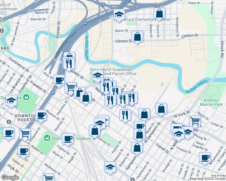 map of restaurants, bars, coffee shops, grocery stores, and more near 2517 Engelke Street in Houston