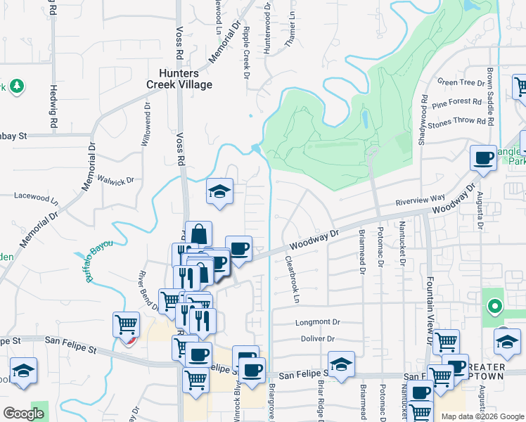map of restaurants, bars, coffee shops, grocery stores, and more near 6302 Crab Orchard Road in Houston