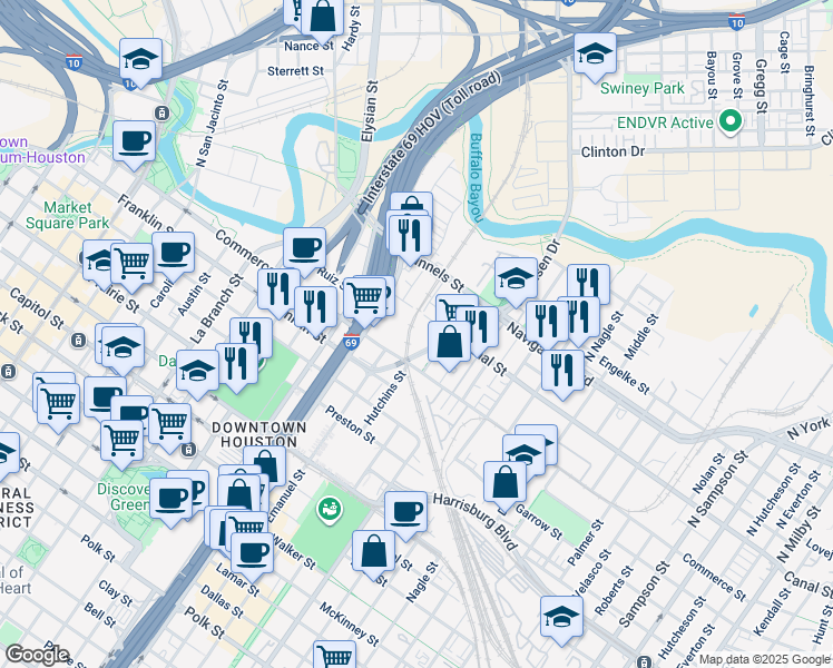 map of restaurants, bars, coffee shops, grocery stores, and more near 2104 Canal Street in Houston