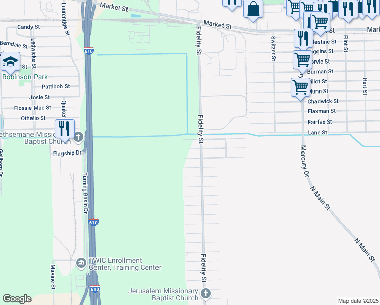 map of restaurants, bars, coffee shops, grocery stores, and more near 9720 Fillmore Street in Houston