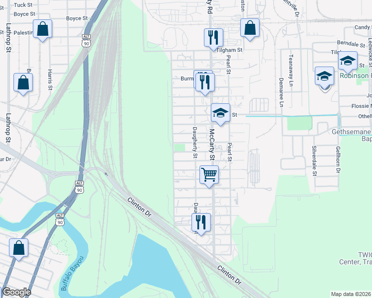 map of restaurants, bars, coffee shops, grocery stores, and more near 7933 Fillmore Street in Houston