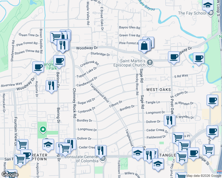 map of restaurants, bars, coffee shops, grocery stores, and more near 5457 Sugar Hill Dr in Houston