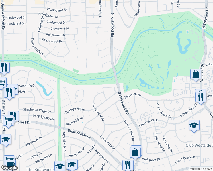 map of restaurants, bars, coffee shops, grocery stores, and more near 11838 Castle Ridge Drive in Houston