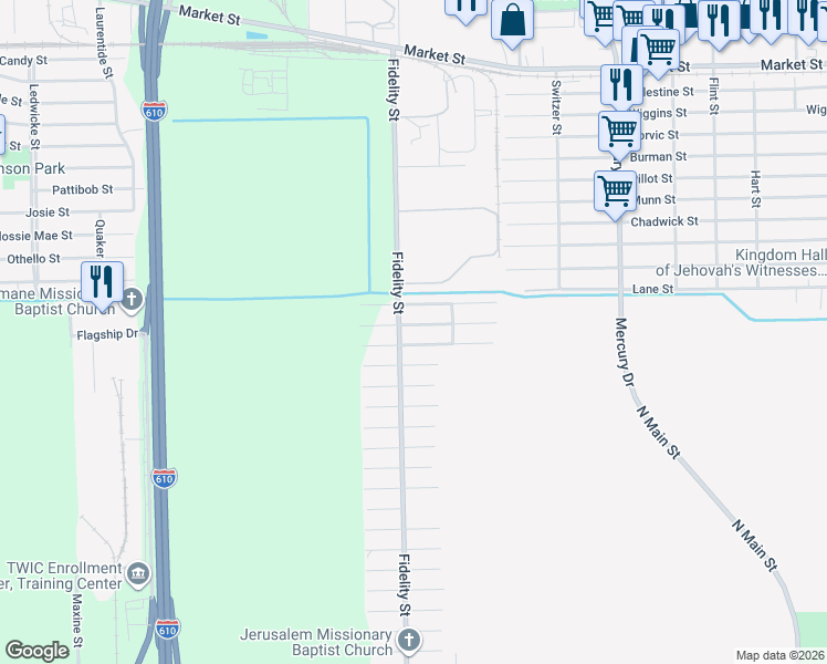map of restaurants, bars, coffee shops, grocery stores, and more near 3603 Fidelity Street in Houston