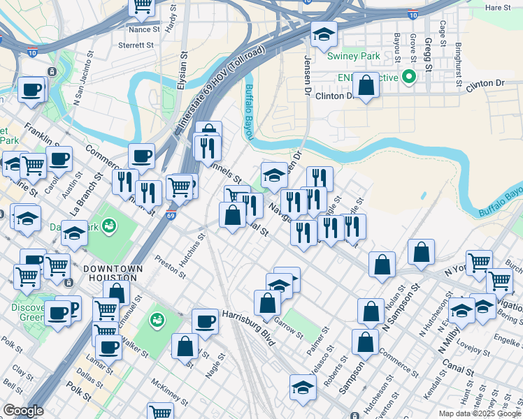 map of restaurants, bars, coffee shops, grocery stores, and more near 2311 Canal Street in Houston