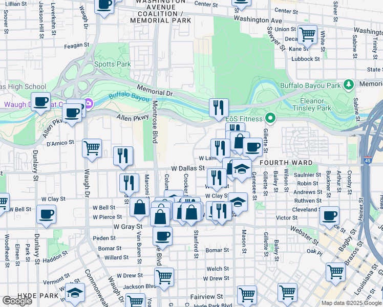 map of restaurants, bars, coffee shops, grocery stores, and more near 804 Stanford Street in Houston