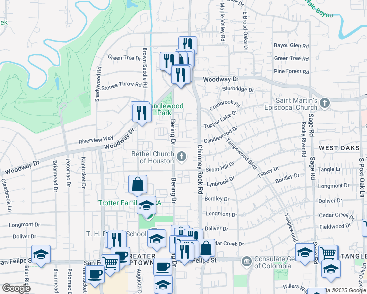 map of restaurants, bars, coffee shops, grocery stores, and more near 777 Bering Drive in Houston