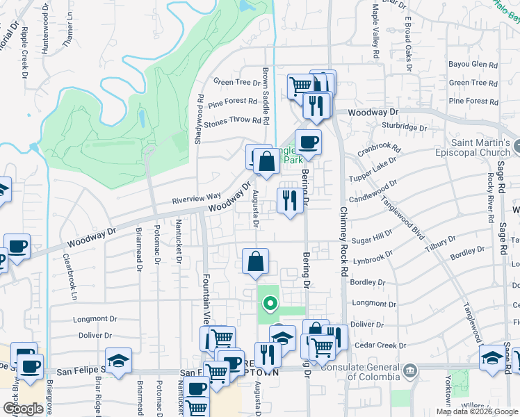 map of restaurants, bars, coffee shops, grocery stores, and more near 845 Augusta Drive in Houston