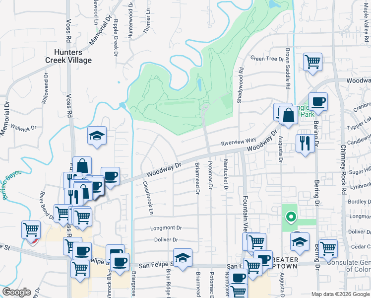 map of restaurants, bars, coffee shops, grocery stores, and more near 6134 Riverview Way in Houston