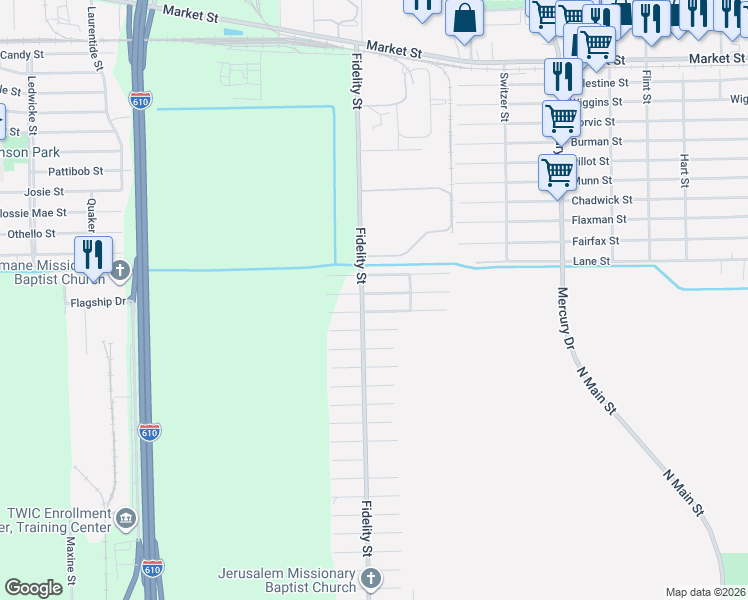 map of restaurants, bars, coffee shops, grocery stores, and more near 3603 Fidelity Street in Houston