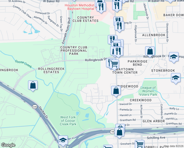 map of restaurants, bars, coffee shops, grocery stores, and more near 2211 Rosillo Brook Drive in Baytown