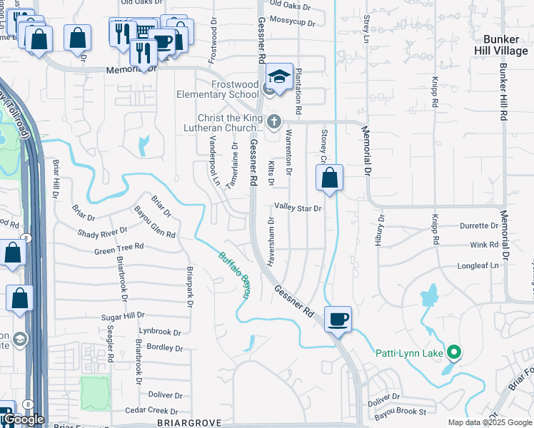 map of restaurants, bars, coffee shops, grocery stores, and more near 167 Haversham Drive in Houston