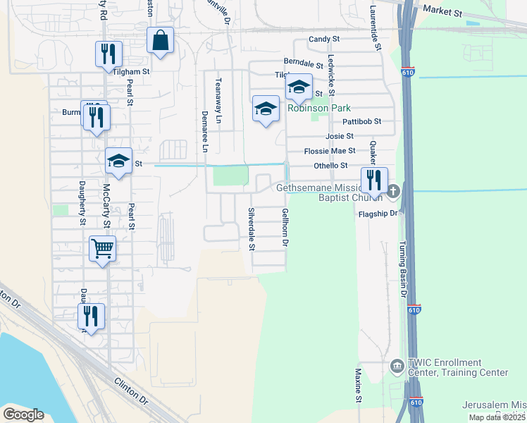 map of restaurants, bars, coffee shops, grocery stores, and more near 8514 Fillmore Street in Houston
