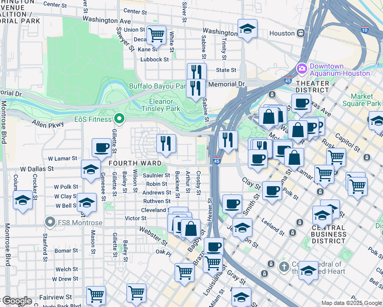 map of restaurants, bars, coffee shops, grocery stores, and more near 820 Crosby Street in Houston
