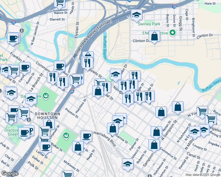 map of restaurants, bars, coffee shops, grocery stores, and more near 2311 Canal Street in Houston