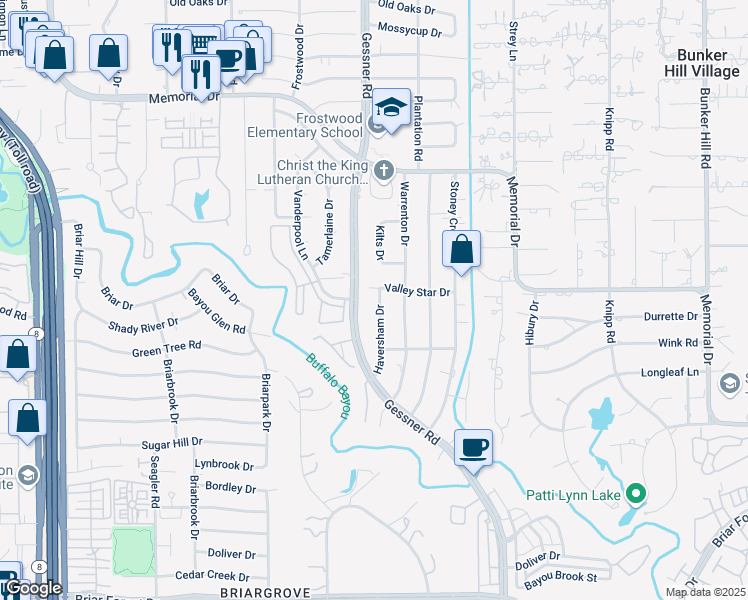 map of restaurants, bars, coffee shops, grocery stores, and more near 167 Haversham Drive in Houston