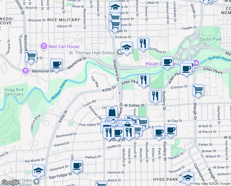 map of restaurants, bars, coffee shops, grocery stores, and more near 908 South Shepherd Drive in Houston