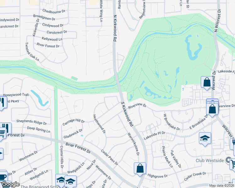 map of restaurants, bars, coffee shops, grocery stores, and more near 11814 Castle Ridge Drive in Houston