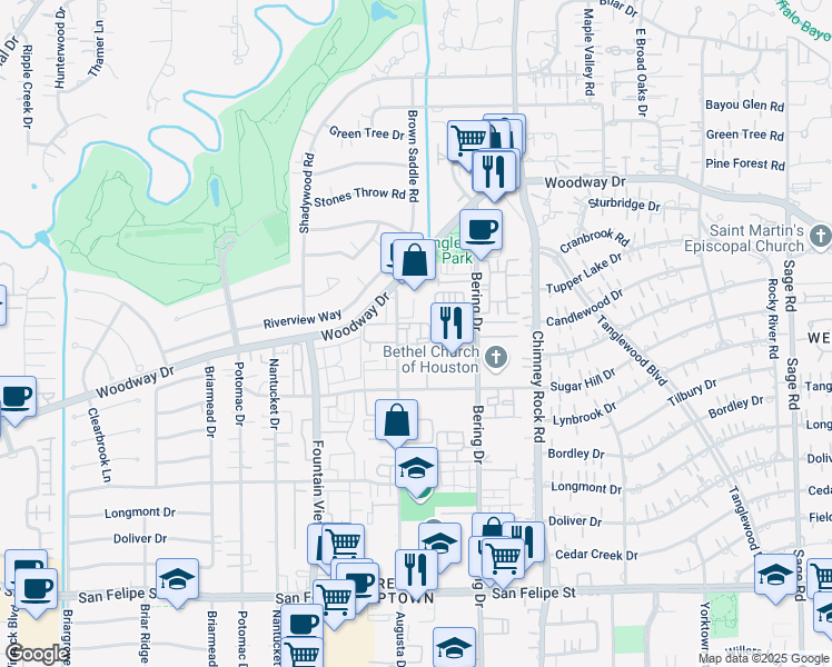 map of restaurants, bars, coffee shops, grocery stores, and more near 845 Augusta Drive in Houston