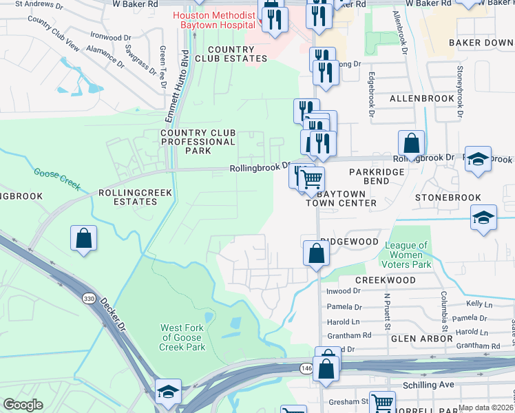 map of restaurants, bars, coffee shops, grocery stores, and more near 2211 Rosillo Brook Drive in Baytown
