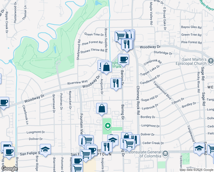 map of restaurants, bars, coffee shops, grocery stores, and more near 845 Augusta Drive in Houston