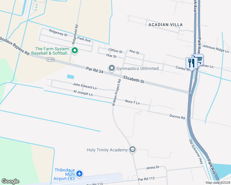 map of restaurants, bars, coffee shops, grocery stores, and more near 101 John Edward Lane in Thibodaux