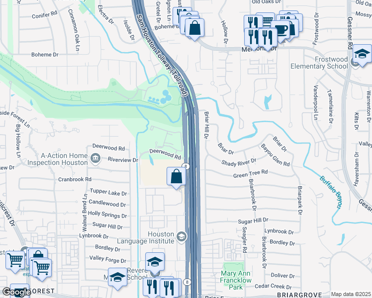 map of restaurants, bars, coffee shops, grocery stores, and more near 150 West Sam Houston Parkway South in Houston