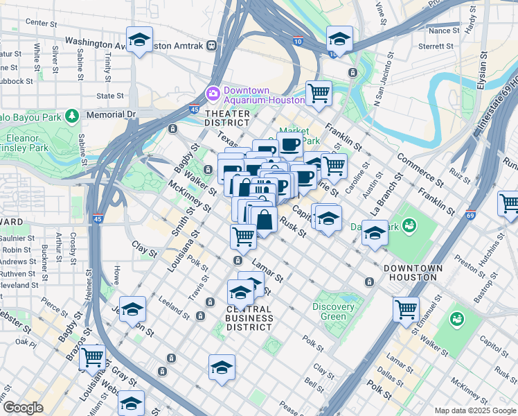 map of restaurants, bars, coffee shops, grocery stores, and more near 802 Main Street in Houston