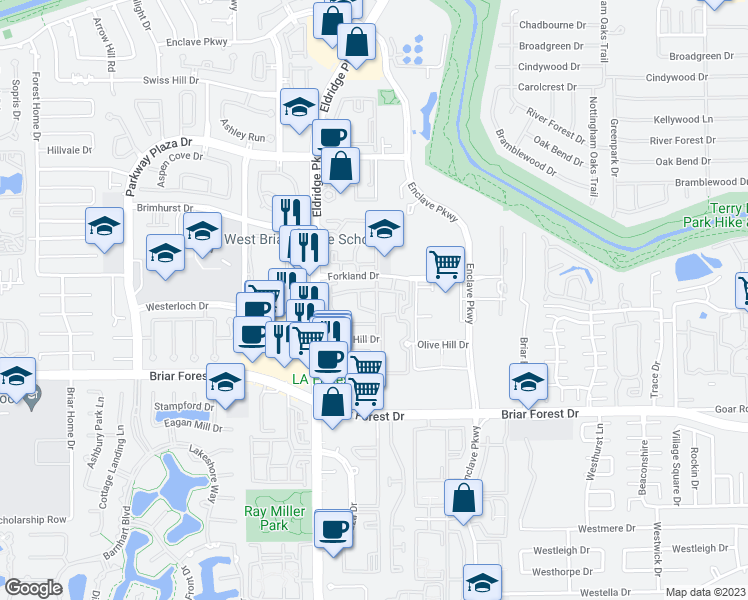 map of restaurants, bars, coffee shops, grocery stores, and more near 1415 Eldridge Parkway in Houston