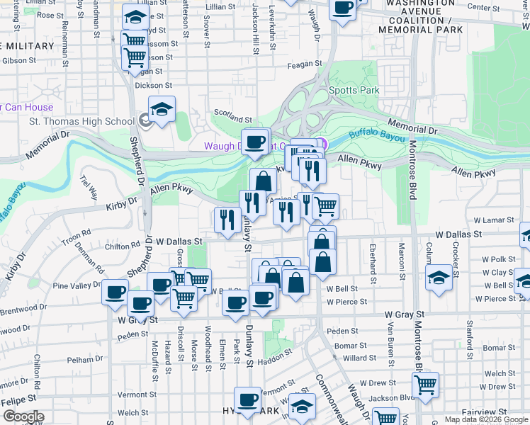 map of restaurants, bars, coffee shops, grocery stores, and more near 777 Dunlavy Street in Houston