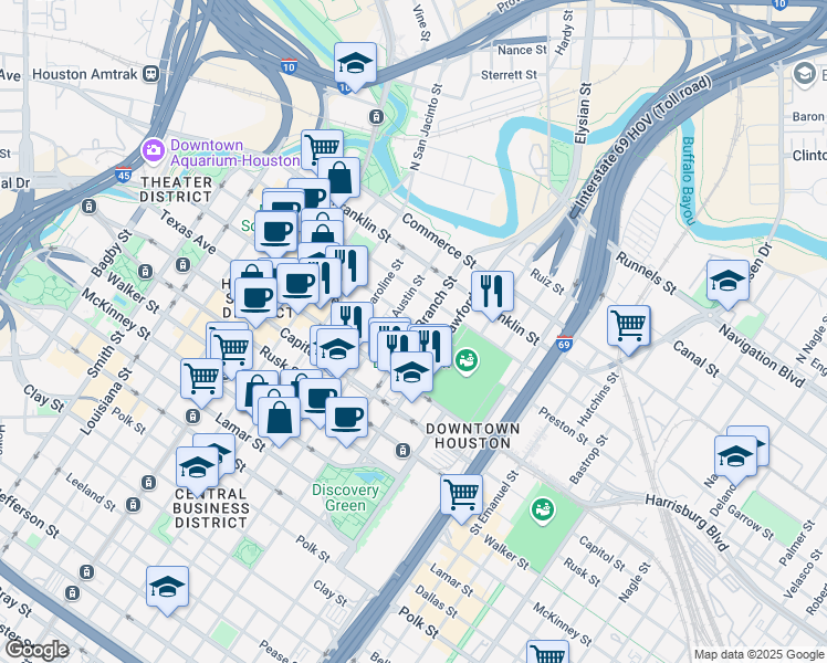 map of restaurants, bars, coffee shops, grocery stores, and more near 1701 Prairie Street in Houston