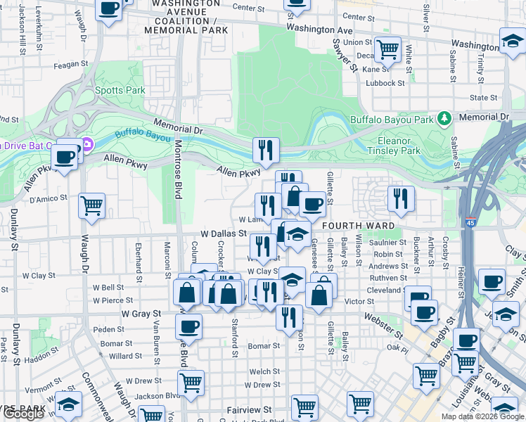 map of restaurants, bars, coffee shops, grocery stores, and more near 1908 West Lamar Street in Houston