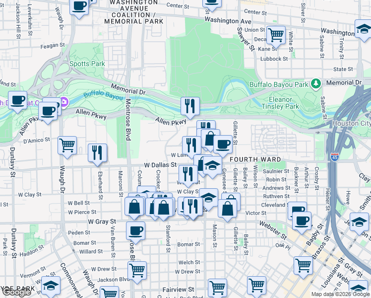 map of restaurants, bars, coffee shops, grocery stores, and more near 1948 West Lamar Street in Houston
