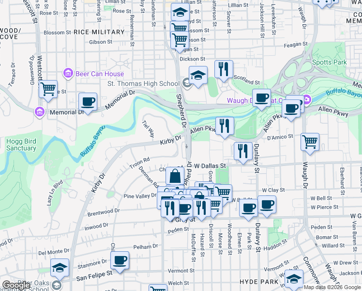 map of restaurants, bars, coffee shops, grocery stores, and more near 908 South Shepherd Drive in Houston