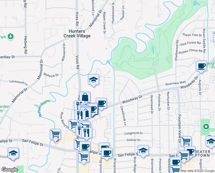 map of restaurants, bars, coffee shops, grocery stores, and more near 6302 Crab Orchard Road in Houston