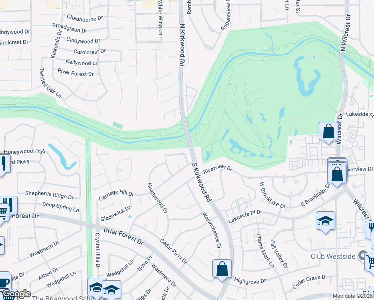 map of restaurants, bars, coffee shops, grocery stores, and more near 11814 Castle Ridge Drive in Houston