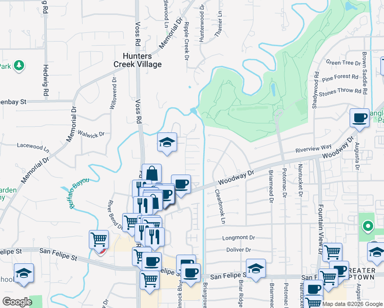map of restaurants, bars, coffee shops, grocery stores, and more near 6302 Crab Orchard Road in Houston