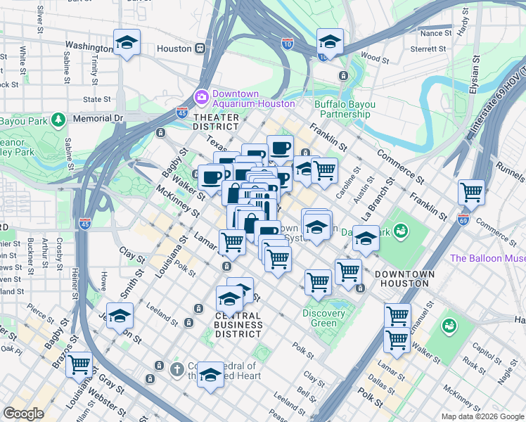 map of restaurants, bars, coffee shops, grocery stores, and more near 712 Main Street in Houston