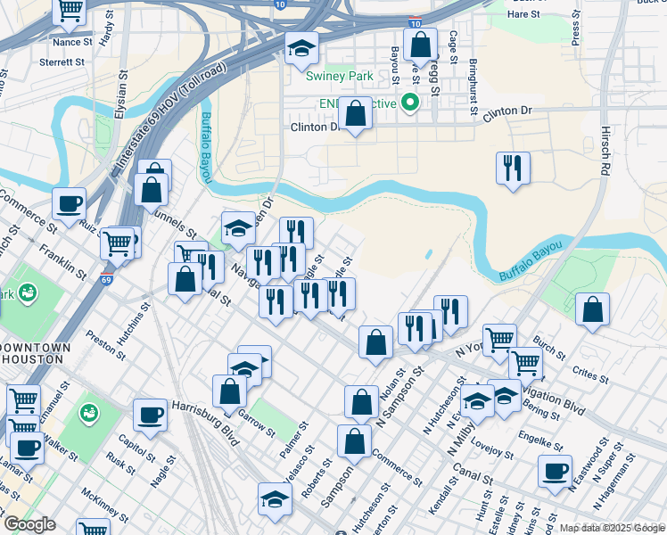map of restaurants, bars, coffee shops, grocery stores, and more near 608h Middle Street in Houston