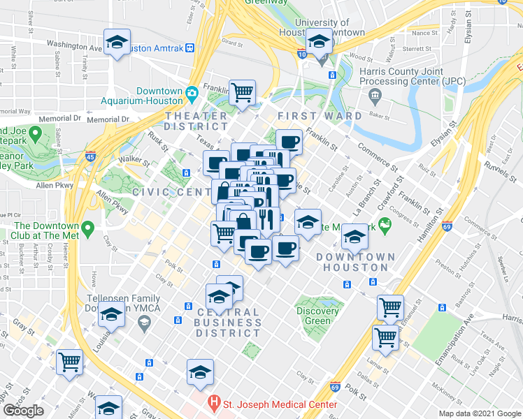 map of restaurants, bars, coffee shops, grocery stores, and more near in Houston