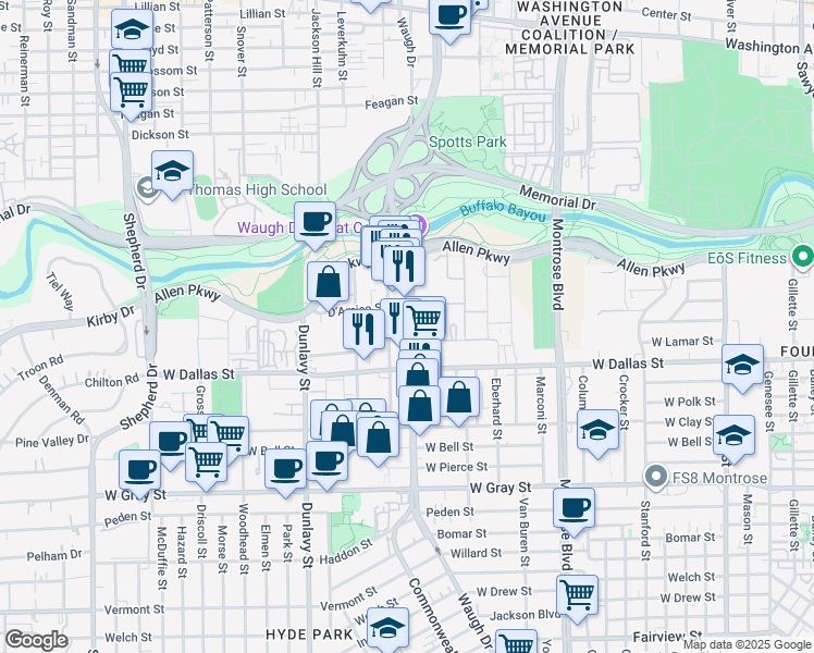 map of restaurants, bars, coffee shops, grocery stores, and more near 810 Waugh Drive in Houston