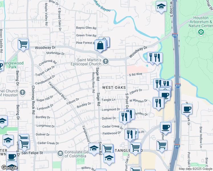 map of restaurants, bars, coffee shops, grocery stores, and more near 16A West Oak Drive in Houston